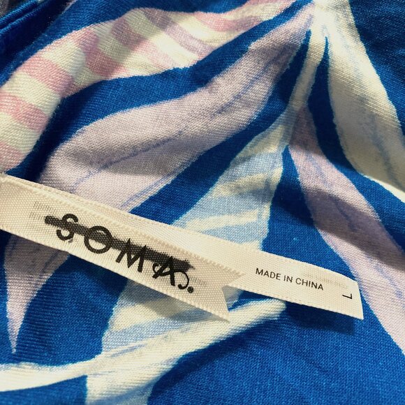 Soma Soft Bra Dress Sleeveless Blue Palm Pockets Wrap Waist Resort Knee Length L - Picture 7 of 11